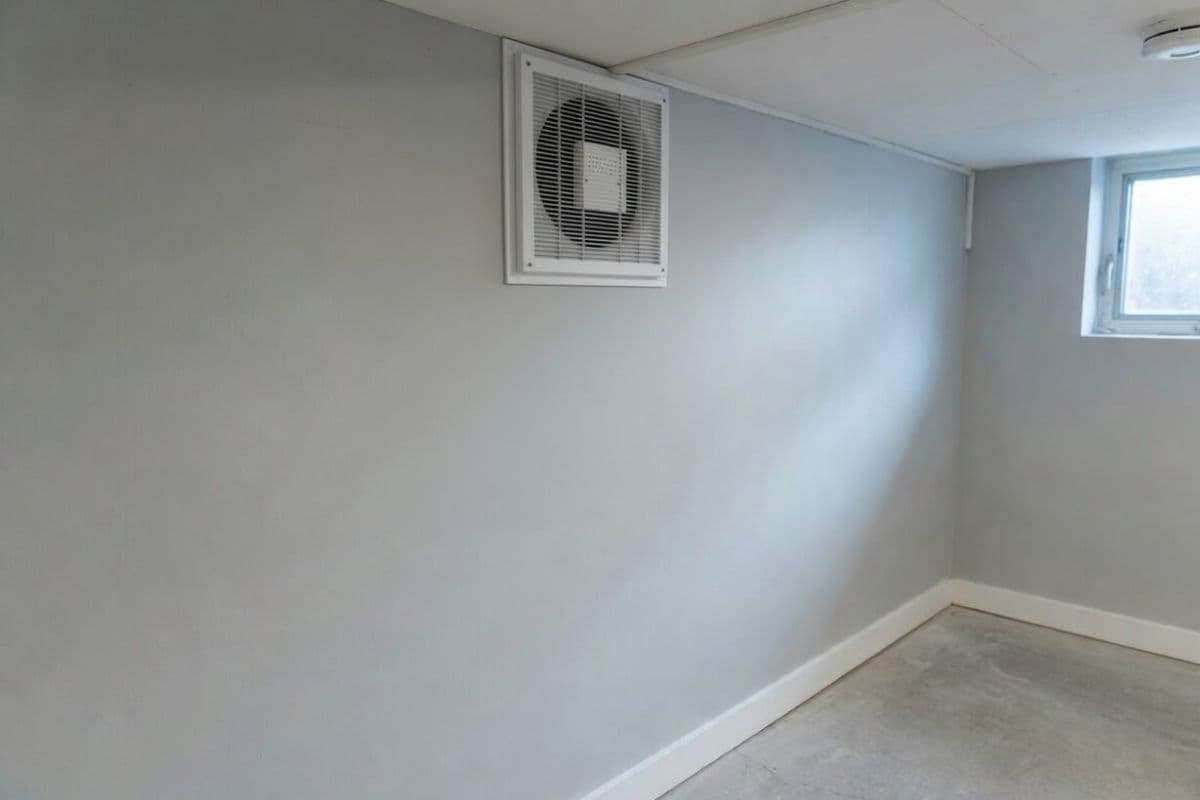 Wall-mounted exhaust fan installed in a clean finished residential basement with a small window providing natural light