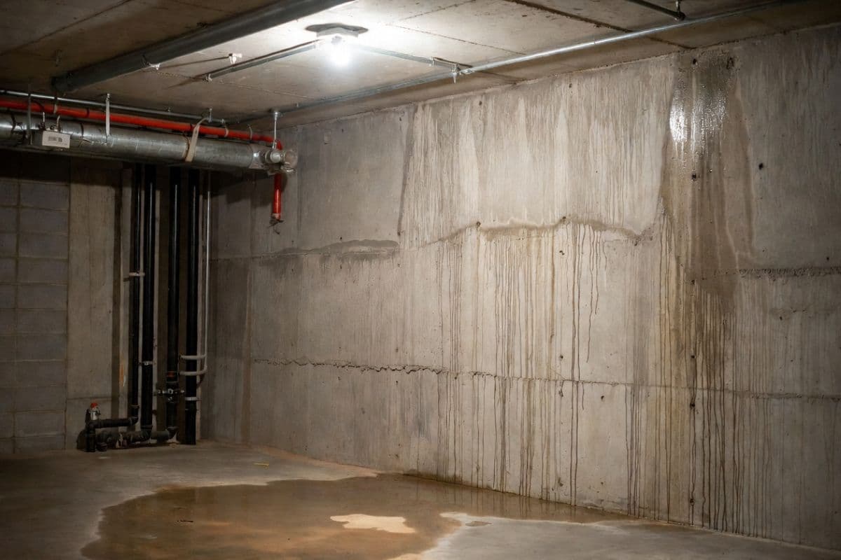 Wet basement wall with water seepage and efflorescence