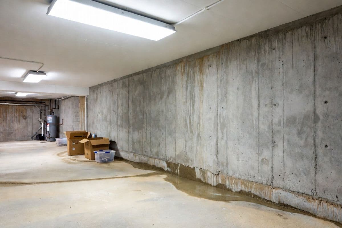 Water seeping through basement foundation wall at cove joint with dampness spreading across concrete floor