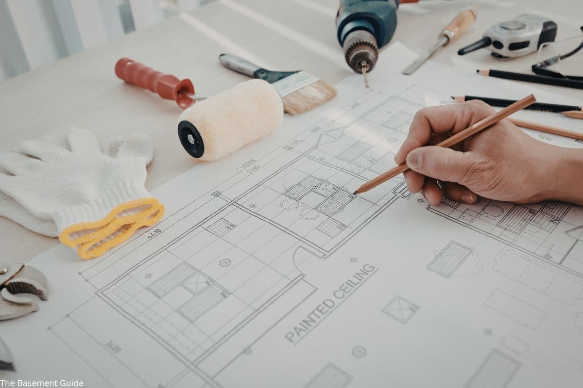 Basement renovation with exposed framing and waterproofing