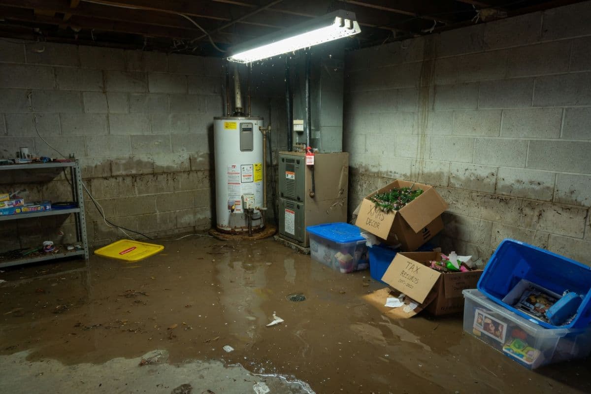 Flooded residential basement with murky water covering floor, water heater and furnace visible, cardboard boxes sitting in floodwater