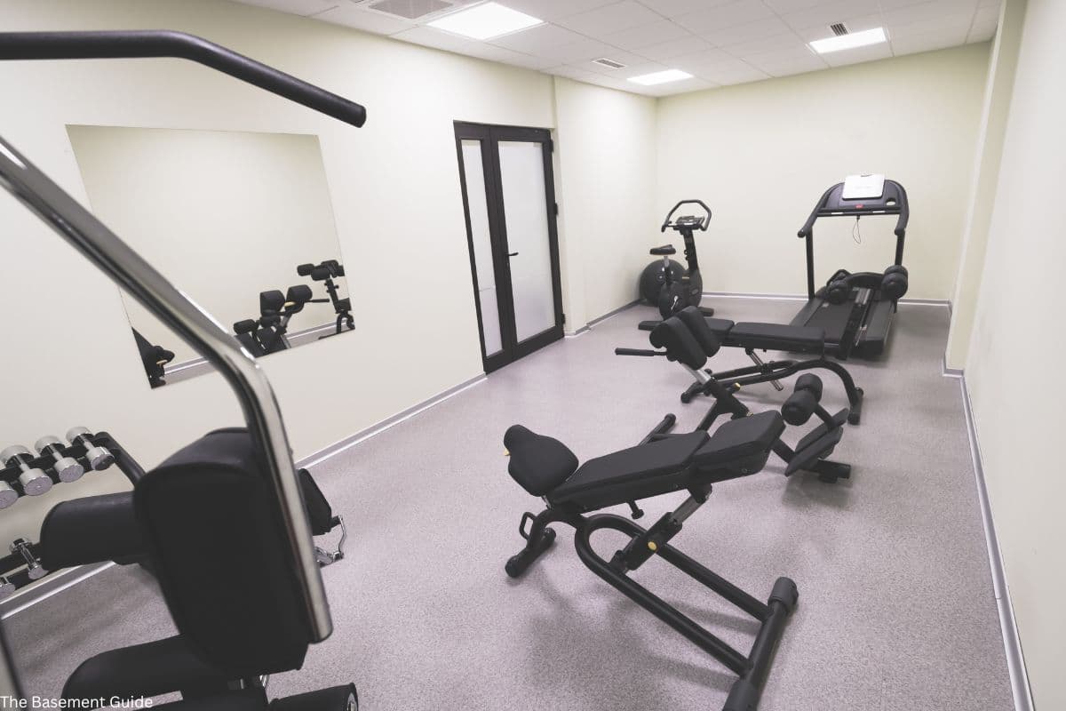 Finished basement home gym with rubber flooring and equipment