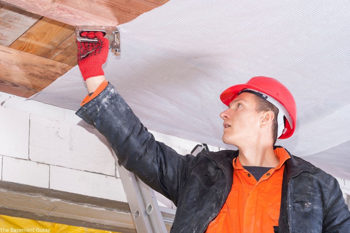 Vapor barrier installation in basement crawl space