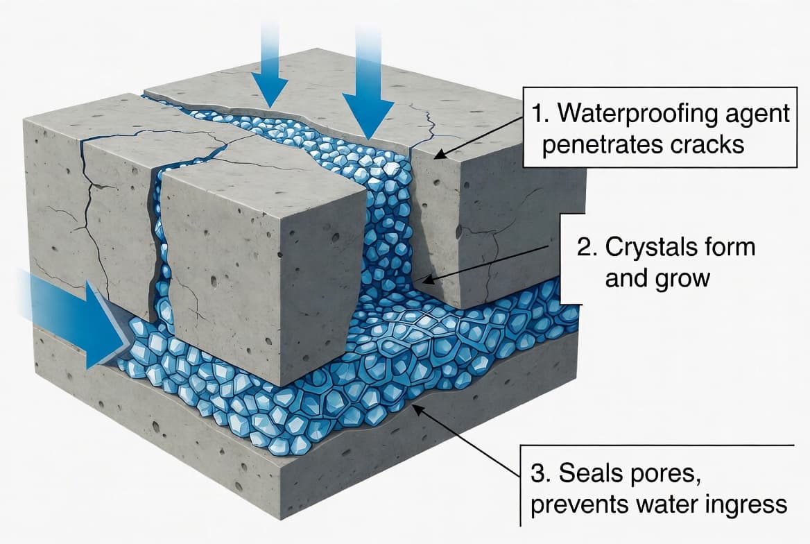 Diagram showing how crystalline waterproofing works inside concrete pores