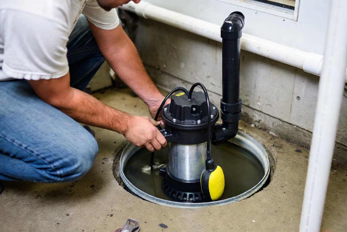 Sump pump installation in a basement pit