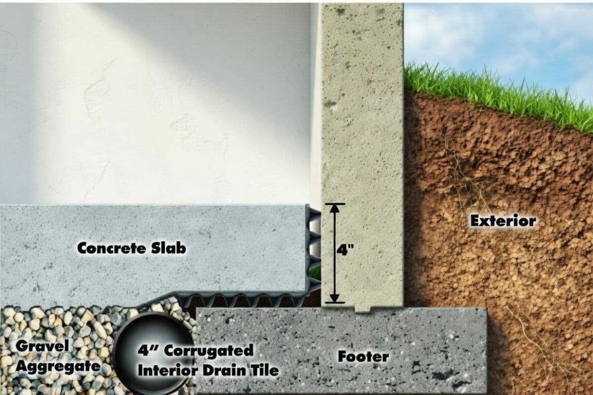 Interior basement drainage system installation showing perimeter channel, gravel bed, and sump pump connection