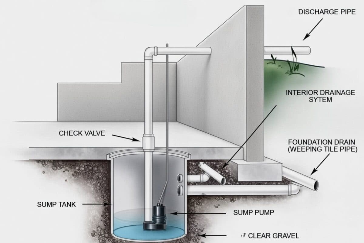 Sump pump in a basement pit with the float switch and check valve visible.
